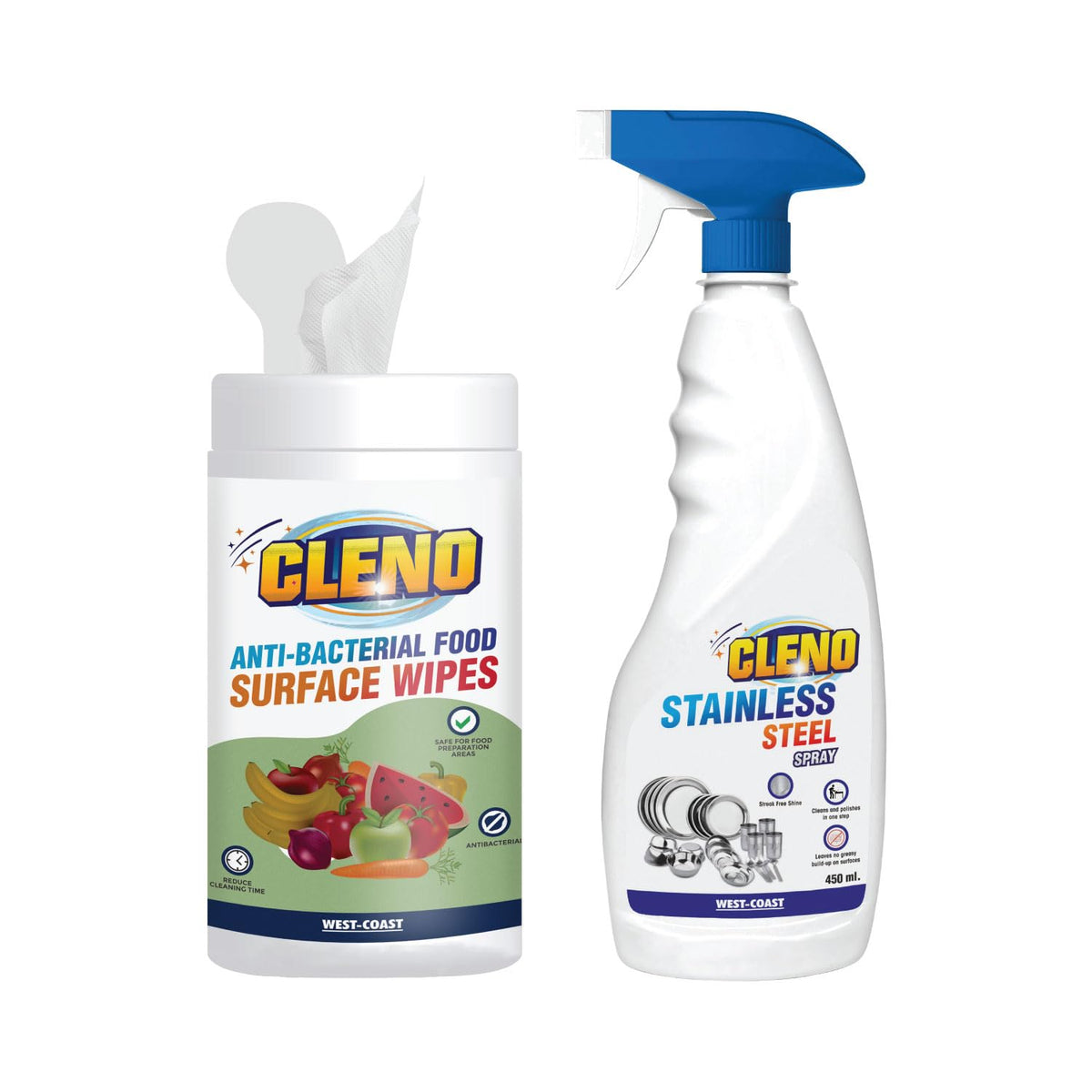 Cleno Food Surface Wet Wipes 50 Wipes & Stainless Steel Cleaner Spray 450 ml combo