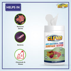 Cleno Anti-Bacterial Food Surface Wet Wipes Cleans Surface of Milk Packs/Fruits/Vegetables & Crockery/Removes Germs/Bacteria/Chemicals & Waxes - 50 Wipes