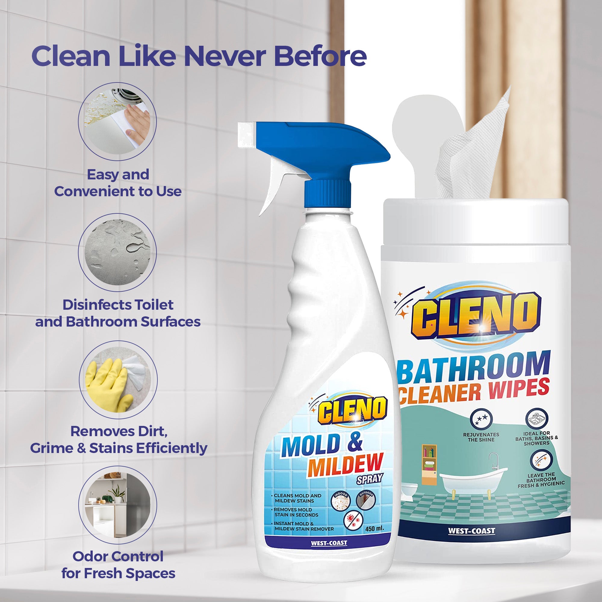 Cleno bathroom cleaner wet wipes - removing tough stains