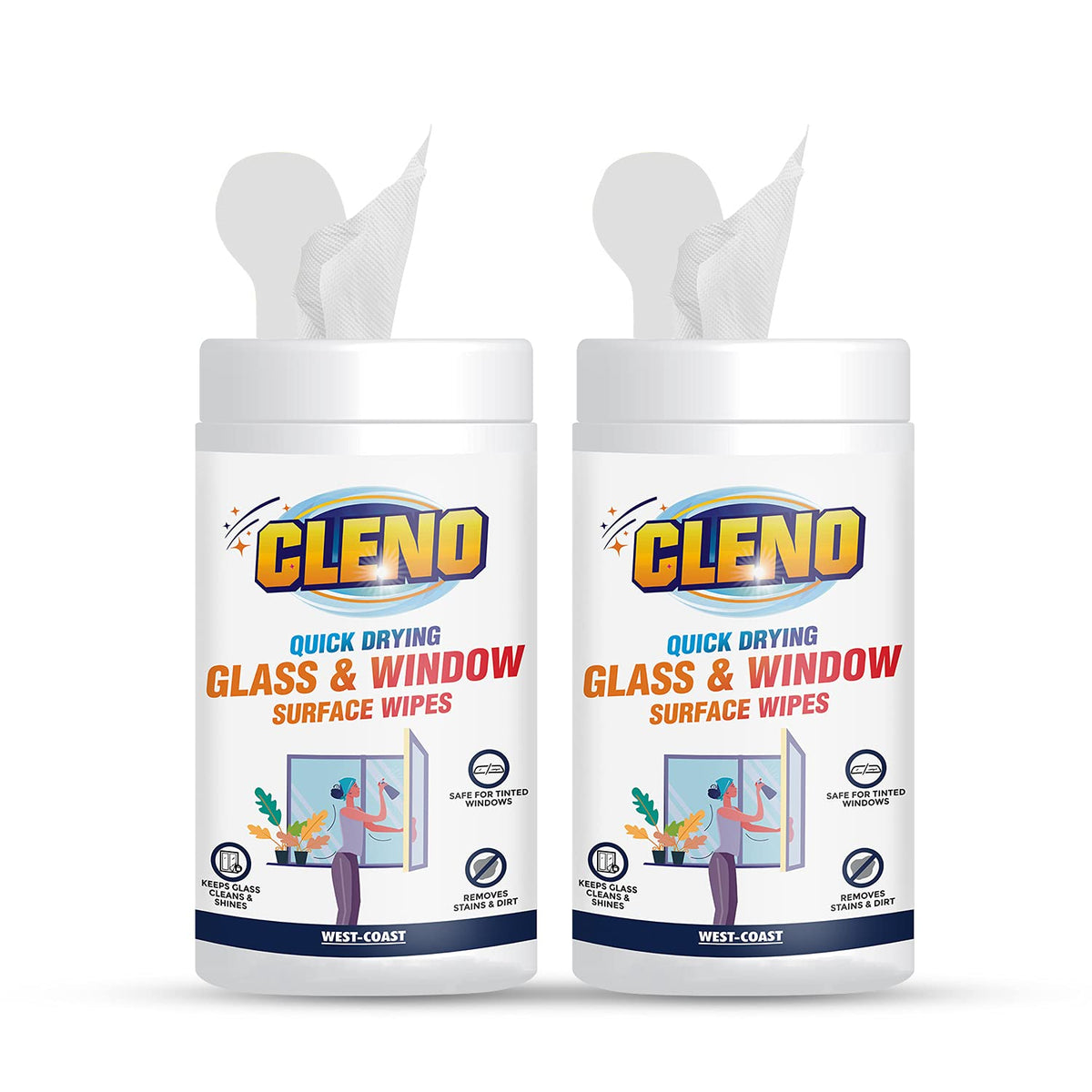 Cleno Window Glass Cleaner | Mirror Cleaner | Disposable Glass Wipes for Home Furniture, Cars, Mirrors, Tinted Windows, Ammonia & Tint Free - 50 Wipes (Pack of 2) (Ready to Use)