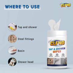 Cleno Tap and Shower Wipes | Hard Water Stain Remover for Tap & Shower | Water Spot Cleaner – 50 - Wipes (Ready to Use)