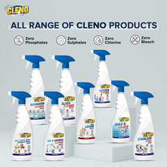 Cleno Glass Cleaner Spray Cleans Tabletops/Mirrors/Glass-Windows/Fridge/Oven/Kitchen Cabinets/Furniture/Car Windows- 450ml (Ready to Use) (Pack of 50)