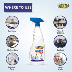 Cleno Kitchen Cleaner Spray Cleans Sticky Dirt from Gas Stove/Kitchen Sink/Slab/Exhaust Fans & Cabinets/Tiles/Platforms/Granite Tops/Stovetops, 450 ml